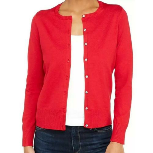 LOFT Sweaters - LOFT Red Rhinestone Button Cardigan Sweater L